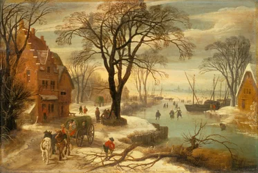 Eine Winterlandschaft mit Stadtbewohnern auf dem Eis