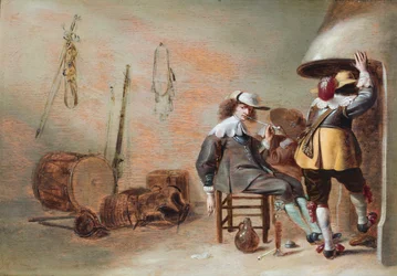 Das Innere eines Wachraums mit Kavaliere am Feuer