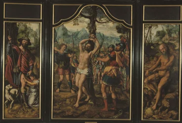 Triptychon des Martyriums des Heiligen Sebastian (Mittelteil): Heiliger Rochus (linkes Panel), Heiliger Onuphrius (rechtes Panel), Heiliger Petrus (Rückseite des rechten Panels), Heiliger Stephanus (Rückseite des linken Panels), zwischen 1525 und 1566