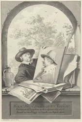 Mann mit einer Mappe mit Zeichnungen und einem Porträt von Jan van Goyen