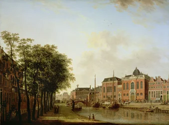 Die Houtegracht, jetzt der Jonas Daniel Meijerplein, Amsterdam, mit den aschkenasischen Synagogen, dem Arsenal, der portugiesischen Synagoge und Segelbargen