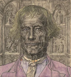 Porträt eines alten Bauern vor einer Kathedrale, 1904