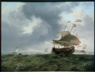 Schlachtschiffe und Fischerboote in stürmischer See