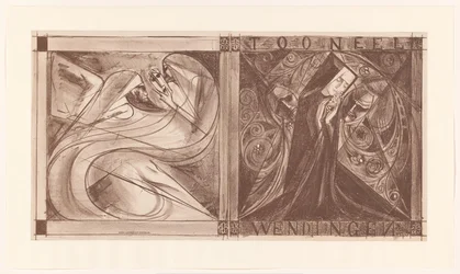 Omslag voor Wendingen met een non met bloemen en twee geesten, waarvan één met een masker in zijn hand