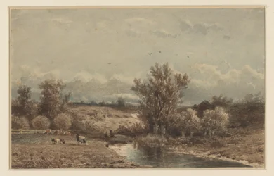 Landschaft mit Fluss und Kühen