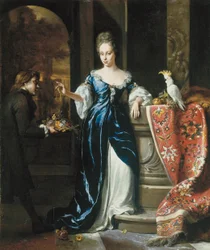 Porträt von Lodewina Schey in einem blauen Kleid, mit einem Begleiter, der Blumen trägt