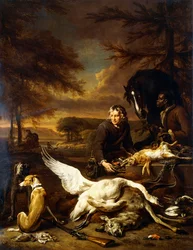 Die Beute einer Jagd mit einem Jagddiener und einem schwarzen Pagen, der ein Pferd hält, 1700
