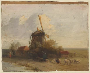 Landschaft mit Mühle und einem Hirten mit Schafen