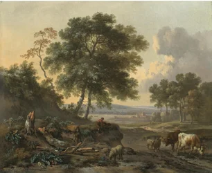 Landschaft mit Vieh an einer Furt