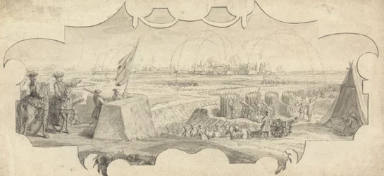 Ein Offizier auf einer Rampe, der die Bombardierung einer entfernten Stadt leitet