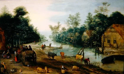 Waldige Flusslandschaft im Sommer mit Reisenden, die in einem Gasthaus ankommen