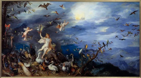Allegorie der Luft. Junge nackte Frau, umgeben von allen Arten von Vögeln. Gemälde von Jan Bruegel dem Älteren, genannt Samtbrueghel (Brueghel oder Breughel)