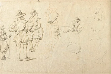 Fünf Figuren von hinten gesehen und eine weitere Figur