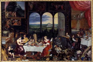 Der Geschmack, das Hören und das Berühren. Allegorie der fünf Sinne Das Mahl einer reichen Familie: Geflügel und Meeresfrüchte (einschließlich Austern) bilden das Bankettmenü. Gemälde von Jan I Brueghel Dit De Velours (1568-1625) Ec. Flam