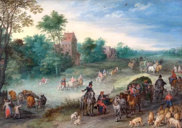 Reisende auf einer Landstraße, mit Vieh und Schweinen