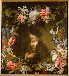 Porträt eines jungen Mannes, umgeben von Blumen