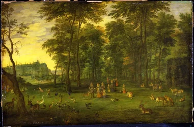 Erzherzog Albrecht VII. von Österreich und Erzherzogin Isabella Clara Eugenia spazieren im Park des Königsschlosses in Brüssel, 1621