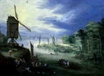 Flusslandschaft mit Windmühlen