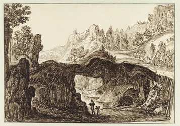 Felsige Berglandschaft mit zwei Reisenden im Vordergrund