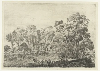 Landschaft mit Bauernhof an einem Teich