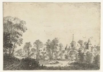 Landschaft mit Blick auf Dorf und Mann im Boot