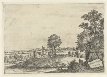 Landschaft mit zwei Männern auf einem Sandweg und Blick auf ein Dorf