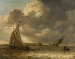 Flusslandschaft mit Segelschiffen