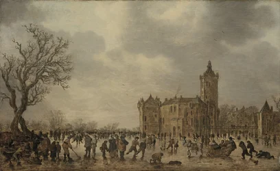 Winterlandschaft mit Figuren auf dem Eis bei Schloss Montfoort