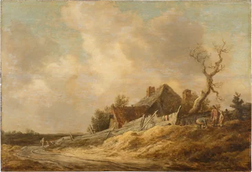 Feldweg mit Bauernhaus und Bretterzaun