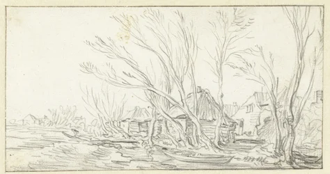 Landschaft mit krummen kahlen Bäumen vor Bauernhöfen