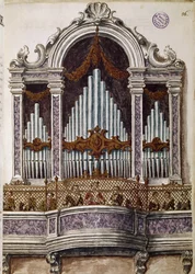 Waisen singen, Orgel des Chors der Kirche des Ospedale della Pietà, Venedig. Aquarellzeichnung und Tinte aus dem Manuskript „Sitten der Venezianer“ von Jan van Grevenbroeck (1731-1807)