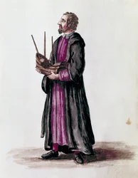 Darstellung eines Schiffbauers, er hält in seinen Händen das Miniaturmodell des Schiffes, das er gebaut hat (Detail). Aquarellzeichnung und Tinte aus dem Manuskript „Sitten der Venezianer“ von Jan van Grevenbroeck (oder Giovanni Grevembroch) (1731-1807)
