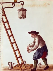 Kleine Berufe: Lampen anzünden Aquarellzeichnung und Tinte aus einem Manuskript von Jan van Grevenbroeck (1731-1807)
