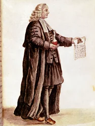 Der Apotheker hält in seinen Händen ein kleines Fläschchen und ein Rezept. Zeichnung aus einem Manuskript von Jan van Grevenbroeck (oder Giovanni Grevembroch) (1731-1807)