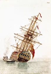 Venezianisches Schiff, das im Rumpf abgeschossen wurde, um repariert zu werden. Aquarellzeichnung und Tinte aus dem Manuskript „Sitten der Venezianer“ von Jan van Grevenbroeck (oder Giovanni Grevembroch (Grevenbroch) (1731-1807)