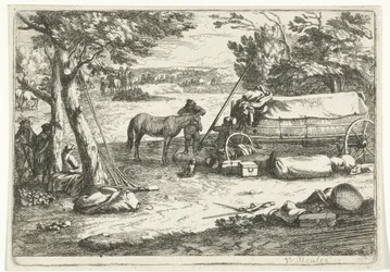 Landschaft mit Karren und Figuren