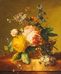 Rosen und andere Blumen in einem Korb auf einem Marmorsims, ca. 1742