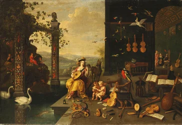Eine Personifikation der Musik: Eine junge Frau, die auf einer Terrasse vor einer offenen Galerie Laute spielt