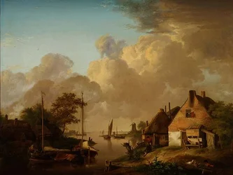 Flusslandschaft mit Dorf, Lastkähnen und Bauern