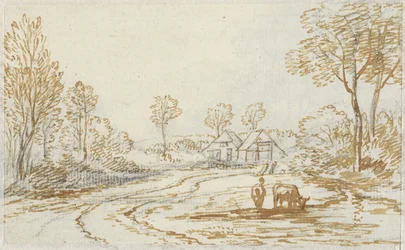 Landschaft mit Hirten und Vieh, mit zwei Häusern im Hintergrund