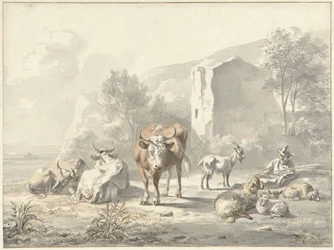 Landschaft mit Vieh und Ruine