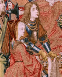 Flämischer Wandteppich. Serie Episoden aus dem Leben der Jungfrau Maria. Die Prophezeiungen erfüllen sich bei der Geburt Christi. Erstes Wandteppich in der Serie. Modelle zugeschrieben Jan von Roome (oder van B)