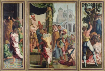 Die Predigt, Verhaftung und das Martyrium des Heiligen Jakobus des Älteren, aus dem Polyptychon von St. Stephan und St. Jakobus dem Älteren, um 1541