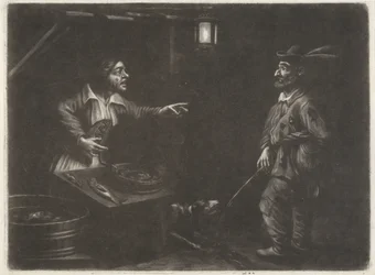 Nachtansicht mit Fischverkäuferin und einem urinierenden Mann