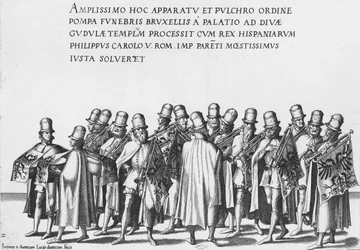Gruppe von Trompetern bei der Trauerprozession von Kaiser Karl V., 1559