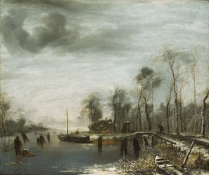 Eine Winterlandschaft mit Schlittschuhläufern und Colf-Spielern auf einem zugefrorenen Wasserweg, 1653