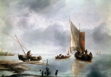 Ein kleines Schiff bei leichtem Wind und ein anderes an Land, ca. 1650-1660, von Jan van de Cappelle, Öl auf Leinwand