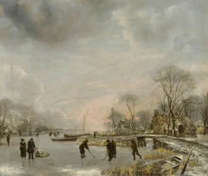 Winterlandschap met kolfspelers