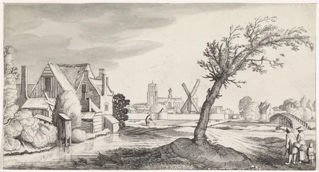 Familie bei einem Haus mit einer Stadt im Hintergrund (Playsante lantschappen ende vermakelycke gesichten)
