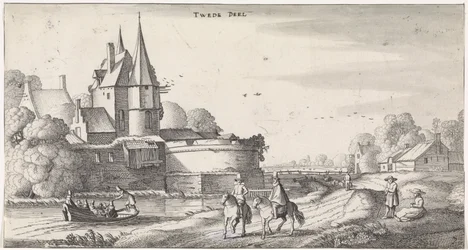 Figuren bei einem Schloss in einer Flusslandschaft